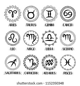 Zodiac icons. Freehand drawing. Can be used for scrapbook, postcards, print, etc.