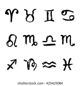 Zodiac icons. Freehand drawing. Zodiac sign silhouettes, set of horoscope symbols, astrology symbols set.