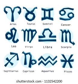 Zodiac icons. Freehand drawing.Zodiac Design. Horoscope set: Leo, Virgo, Scorpio, Libra, Aquarius, Sagitarius, Pisces, Capricorn, Taurus, Aries, Gemini, Cancer. Vector illustration