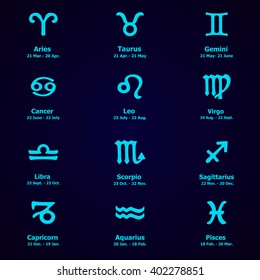 Zodiac icons. Horoscope set: Leo, Virgo, Scorpio, Libra, Aquarius, Sagittarius, Pisces, Capricorn, Taurus, Aries, Gemini, Cancer. Vector illustration