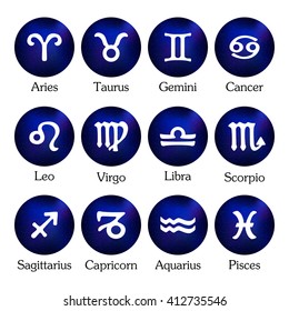 Zodiac icons. Horoscope set: Leo, Virgo, Scorpio, Libra, Aquarius, Sagittarius, Pisces, Capricorn, Taurus, Aries, Gemini, Cancer. Vector illustration