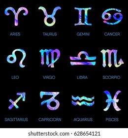 Zodiac icons. Horoscope set on black background. Vector illustration