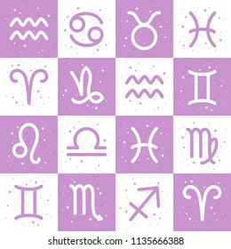 Zodiac icons and night stars, sparks seamless simple vector repeat pattern. Check, squares geometric background. Horoscope signs, astrological symbols  astronomy illustration. Calendar cover design.