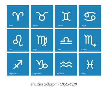 Zodiac icons on blue background. Vector illustration.