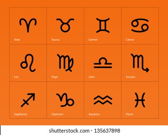 Zodiac icons on orange background. Vector illustration.