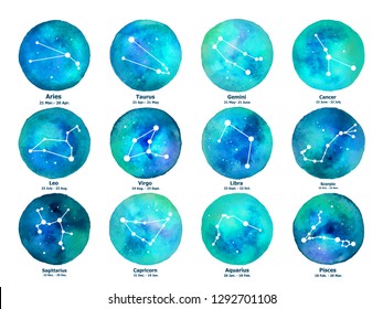 Zodiac icons on watercolor background. Freehand drawing.