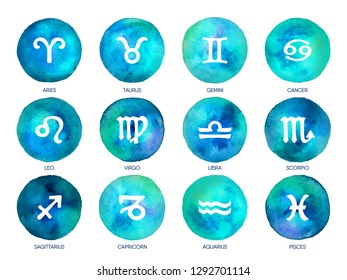 Zodiac icons on watercolor background. Freehand drawing.