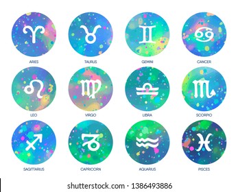 Zodiac icons on watercolor background. Freehand drawing. Vector