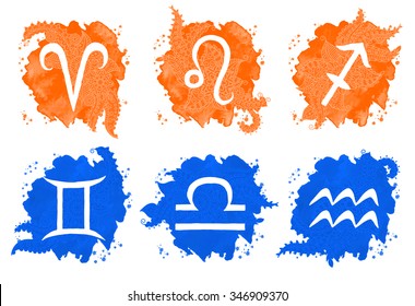 Zodiac icons on watercolor background with floral pattern, vector illustration.