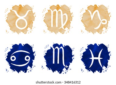 Zodiac icons on watercolor background, vector illustration.