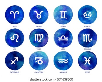 Zodiac icons on watercolor background. Freehand drawing.