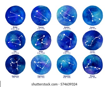 Zodiac icons on watercolor background. Freehand drawing.