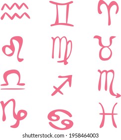 Zodiac icons pink set 12. Freehand drawing vector art isolated