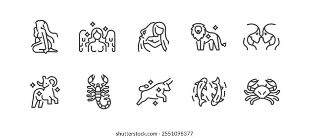 Zodiac icons. Set of 10 zodiac trendy minimal icons. Example: Aries, Gemini, Taurus, Cancer, Leo icon. Design signs for web page, mobile app, packaging design. Vector illustration.