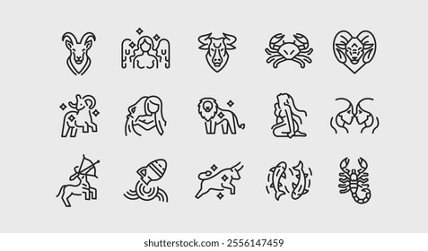Zodiac icons. Set of 15 zodiac trendy minimal icons. Example: Aries, Gemini, Taurus, Cancer, Leo icon. Design signs for web page, mobile app, packaging design. Vector illustration.