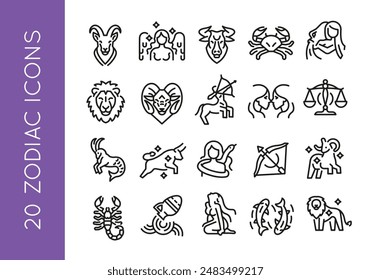 Zodiac icons. Set of 20 zodiac trendy minimal icons. Example: Aries, Gemini, Taurus, Cancer, Leo icon. Design signs for web page, mobile app, packaging design. Vector illustration.
