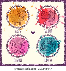 Zodiac icons. Set. Aries, Taurus, Gemini, Cancer. Horoscope collection. Freehand drawing.