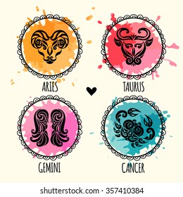 Zodiac icons. Set. Aries, Taurus, Gemini, Cancer. Horoscope collection. Freehand drawing.