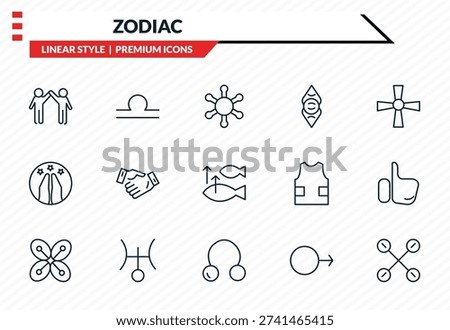 zodiac icons set - friendship, libra, hope, coagulation, gods guidance outline vector collection.