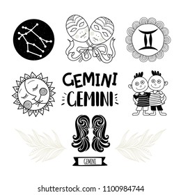 Zodiac icons set. Horoscope collection. Freehand drawing. Gemini