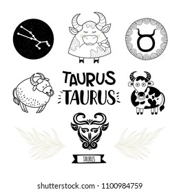 Zodiac icons set. Horoscope collection. Freehand drawing. Taurus