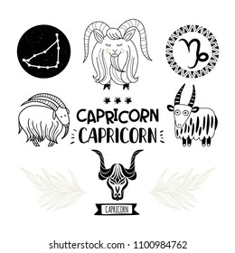 Zodiac icons set. Horoscope collection. Freehand drawing. Capricorn