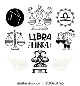 Zodiac icons set. Horoscope collection. Freehand drawing. Libra