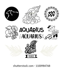 Zodiac icons set. Horoscope collection. Freehand drawing. Aquarius