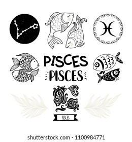 Zodiac icons set. Horoscope collection. Freehand drawing. Pisces