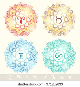 Zodiac icons. Set. Horoscope collection. Freehand drawing. Four elements