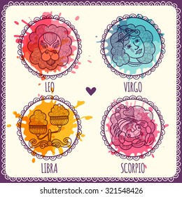 Zodiac icons. Set. Leo, Virgo, Libra, Scorpio. Horoscope collection. Freehand drawing.