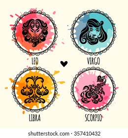 Zodiac icons. Set. Leo, Virgo, Libra, Scorpio. Horoscope collection. Freehand drawing.