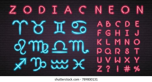 Zodiac Icons Set Neon Light Glowing Alphabet Neon Set