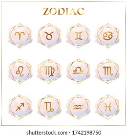 Zodiac icons. Set of zodiac signs. Astrological signs on watercolor background isolated on white