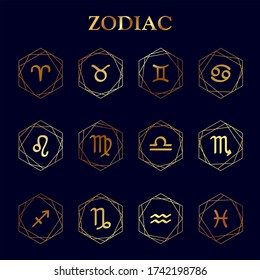 Iconos zoológicos. Conjunto de signos de zodiaco. Signos astrológicos dorados con patrón geométrico. Aislado sobre fondo azul.