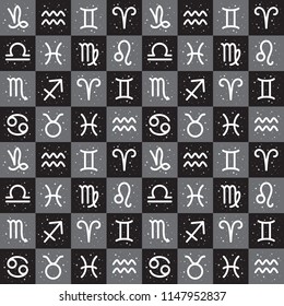 Zodiac icons, simple horoscope symbols seamless vector pattern. Check, squares geometric background.  Zodiac signs and stars, sparks astrological template. Modern simple flat style illustration.
