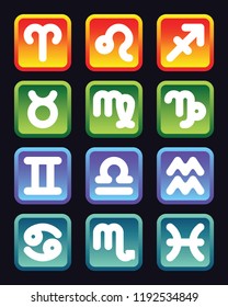 Zodiac icons. Twelve colorful button zodiac sign on a black background.