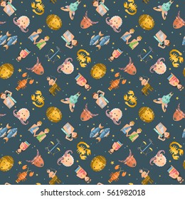 Zodiac icons vector seamless pattern.