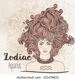 Zodiaco: Ilustración del signo de Aquarius zodiac como una chica hermosa. Vector art. B Vintage boho estilo zodiaco ilustración de moda. Diseño para la página de libro de colorantes de zodiaco para adultos y niños.