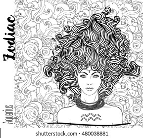 Zodiac: Illustration of Aquarius zodiac sign as a beautiful girl. Vector art with portrait of a pretty girl. Black, white  drawing over ornate pattern. Horoscope coloring book page for adults.