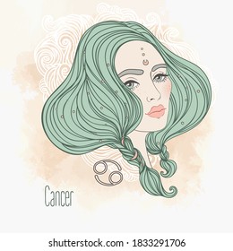 Zodiac: Illustration of cancer zodiac sign as a beautiful girl. Vector art. Vintage zodiac boho style fashion illustration in pastel shades.
