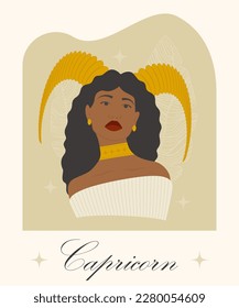 Zodiac Illustration of Capricorn zodiac sign as a beautiful afro girl. Young lady water symbol character. Astrology elements vector illustration