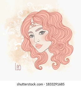 Zodiac: Illustration of Leo astrological sign as a beautiful girl. Vector art.  Vintage boho style fashion illustration in pastel shades. 