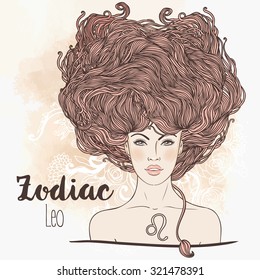 Zodiac: Illustration of Leo astrological sign as a beautiful girl. Vector art.  Vintage boho style fashion illustration. Design for coloring book page for adults and kids.