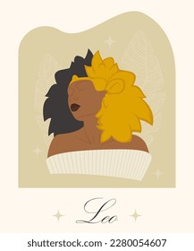 Zodiac Illustration of Leo zodiac sign as a beautiful afro girl. Young lady water symbol character. Astrology elements vector illustration