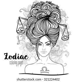 Zodiac: Illustration of Libra zodiac sign as a beautiful girl. Vector art. Black and white zodiac drawing isolated on white. Design for zodiac coloring book page for adults and kids.