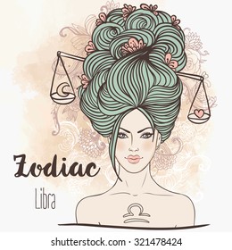 Zodiac: Illustration of Libra zodiac sign as a beautiful girl. Vector art.  Vintage boho zodiac style fashion illustration. Design for zodiac coloring book page for adults and kids.