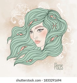 Zodiac: Illustration of Pisces zodiac sign as a beautiful girl. Vector zodiac.  Vintage boho style fashion illustration in pastel shades. Design for zodiac coloring book page for adults and kids.