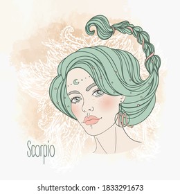 Zodiaco: Ilustración del signo de Escorpio zodiaco como una chica hermosa. Ilustración de zodiaco vectorial.  Ilustración de moda de estilo boho vintage en 
tonos pastel