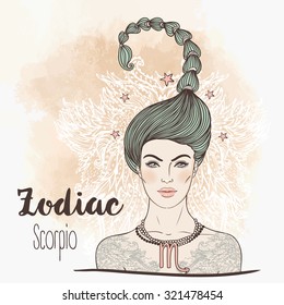 Zodiac: Illustration of Scorpio zodiac sign as a beautiful girl. Vector zodiac illustration.  Vintage boho style fashion illustration. Design for zodiac coloring book page for adults and kids.